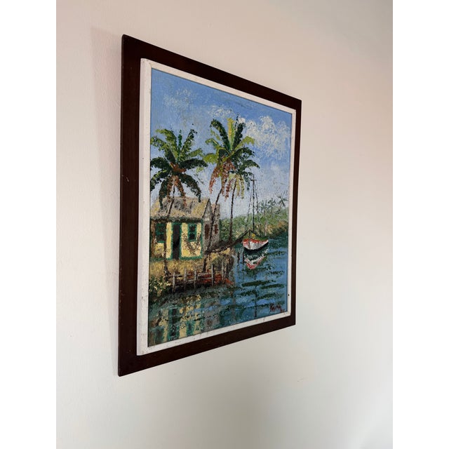 Mid-Century Modern Vintage Caribbean Tropical Coastal Landscape Oil on Canvas Painting, Framed For Sale - Image 3 of 13