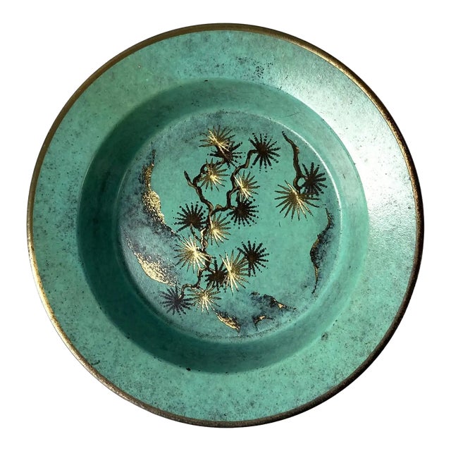 Wmf Ikora Paul Haustein, Green Patinated Metal Vide Poche, Glass Insert, 1920s For Sale