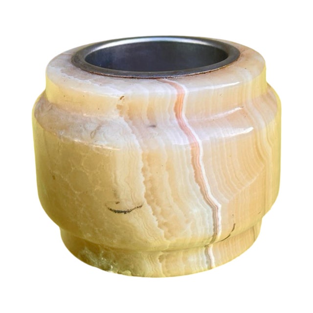 Contemporary Small Alabaster Candlestick With Metal Fittings, Italy, 1970s. For Sale - Image 3 of 11