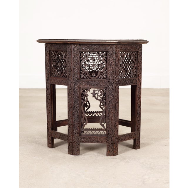 English Anglo-Indian Kashmiri Style Carved Wood Octagonal Side Table For Sale - Image 3 of 18