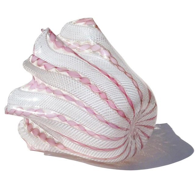 Murano Vintage Pink Aventurine Flecks White Zanfirico Ribbons Italian Art Glass Fazzoletto Handkerchief Vase For Sale - Image 9 of 10