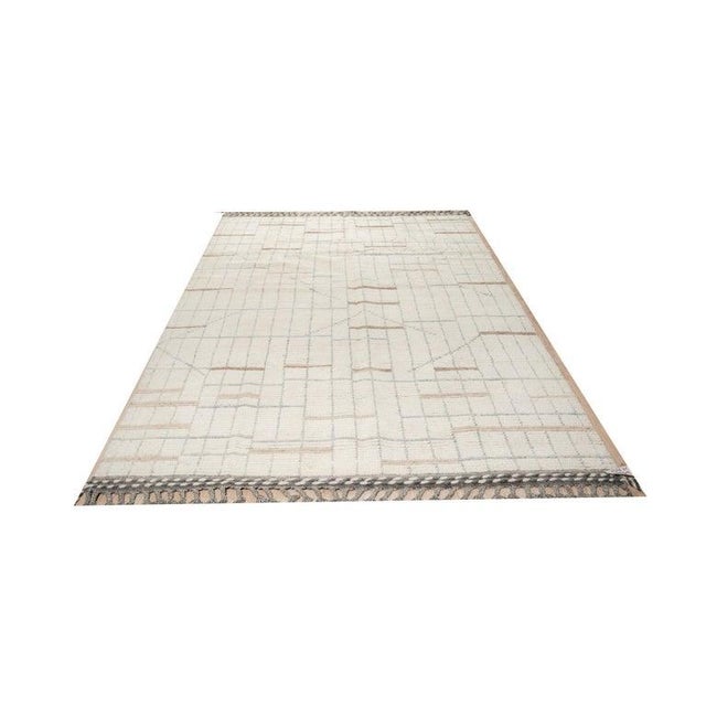 Contemporary 5x9 Ivory Hand-Knotted Wool Linear Gridwork Geometric Modern Carpet Rug For Sale - Image 3 of 9