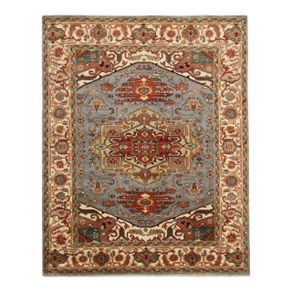 8x10 Hand-Knotted Wool Serene Blue Field Classic Traditional Modern Carpet Rug For Sale