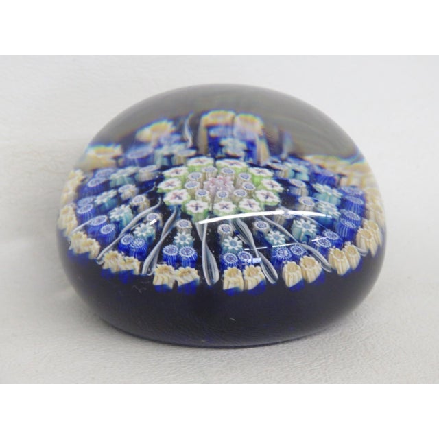 Murano Style Art Glass Paperweight Round Dark Blue Millefori Flower Design 4849b For Sale In Miami - Image 6 of 11