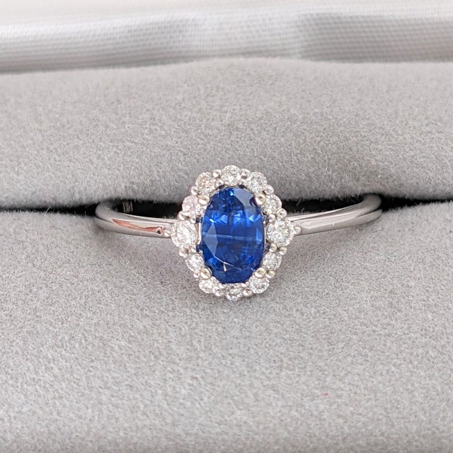 Blue Ceylon Sapphire Ring W Earth Mined Diamonds in Solid 14k White Gold Oval 6x4mm, Size 6.75 For Sale - Image 8 of 10