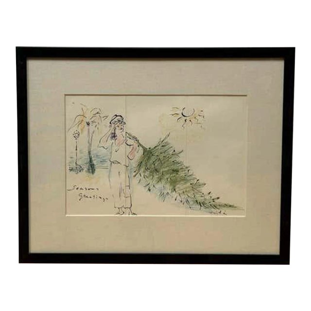 "Seasons Greetings #1" Drawing by French Painter Marcel Vertes For Sale