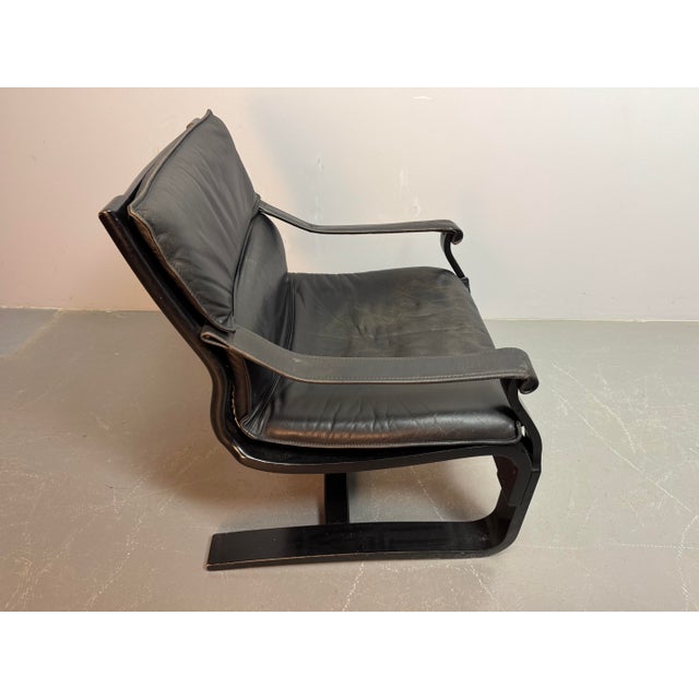 Mid-Century Black Leather Armchairs with Black Lacquered Wooden Frames by Åke Fribytter for Nelo, Sweden, 1970s, Set of 2 For Sale - Image 11 of 13