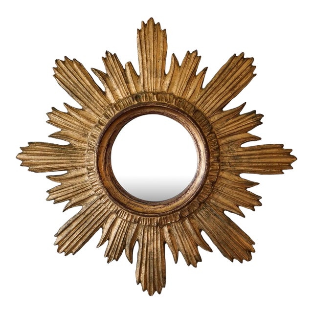 Vintage Gilted Wood Sunburst Wall Mirror by Florentia of Italy, Ca. 1970 For Sale
