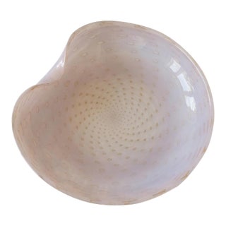 Murano Barbini Pink Gold Bullicante Glass Bowl, Mid Century Italian Art Glass Shell, Vintage Murano Centerpiece, Large Sculptural Dish For Sale