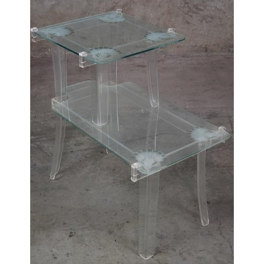 Vintage Hollywood Regency Lucite & Glass Side Table With Frosted Shell Detail For Sale - Image 9 of 10
