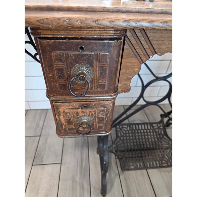 Antique Davis Treadle Sewing Machine in Wooden Cabinet With Ornate Cast Iron Base, Late 19th Century For Sale - Image 4 of 14