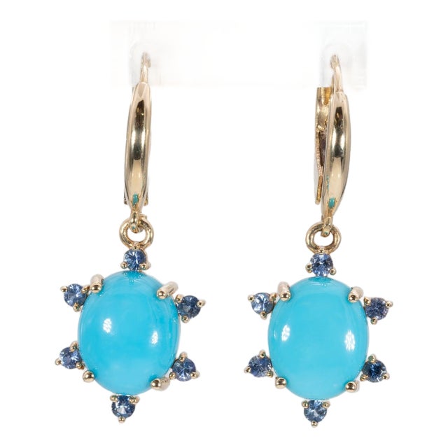 6Ct Sonoran Turquoise Earrings With Blue Sapphire: Solid 14k Gold, 11x9mm, Pair For Sale