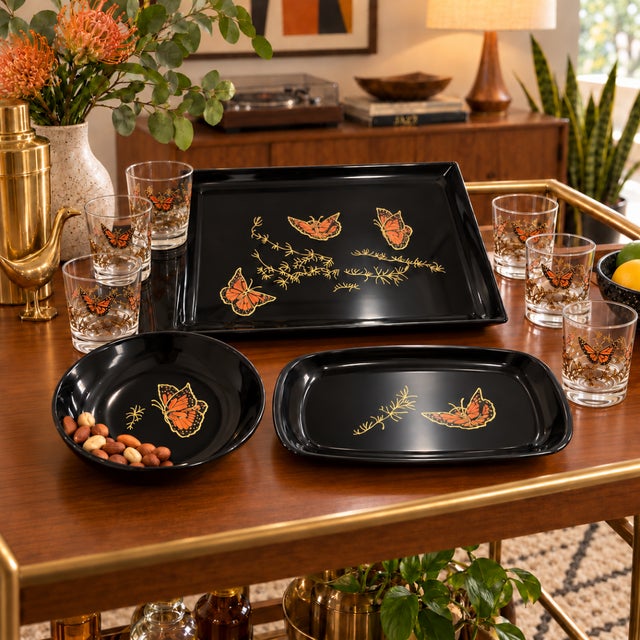 Mid-Century Modern Circa 1960s Couroc Melamine Butterflies Glassware & Serving Trays Set- 9 Pieces For Sale - Image 3 of 14