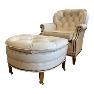 Ethan Allen Tufted Leather Chair and Ottoman For Sale