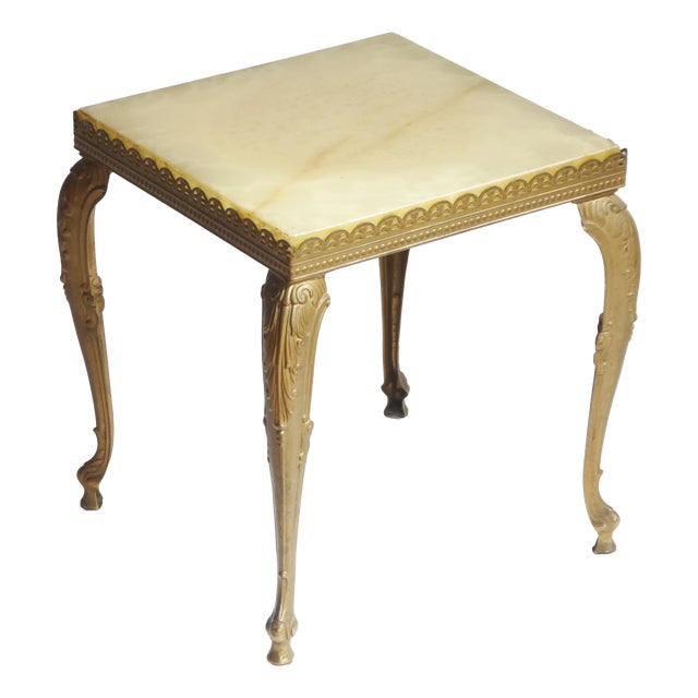 Vintage French Hollywood Regency Neoclassical Square Table with Brass and Onyx,1960s For Sale