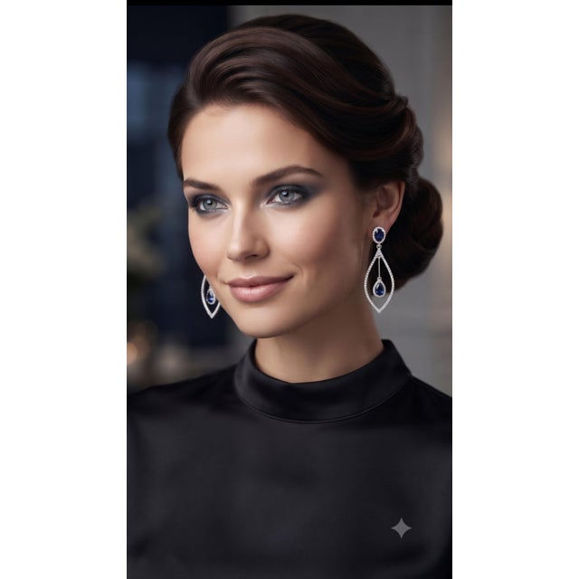 Natural Sapphire 4.11cts & Diamond 1cts Earring in 14k Gold For Sale - Image 4 of 8