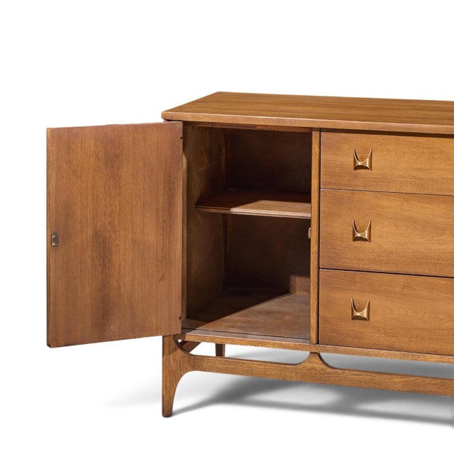 Broyhill Brasilia Mid Century Walnut and Brass 66 Inch Credenza For Sale In Chicago - Image 6 of 8