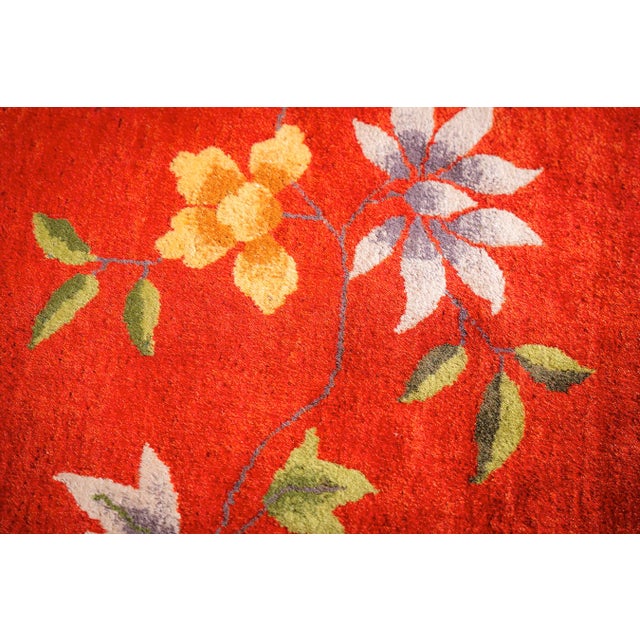Textile 1920s Red Field Modern Floral Antique Chinese Knotted Wool Art Deco Carpet Rug For Sale - Image 7 of 11