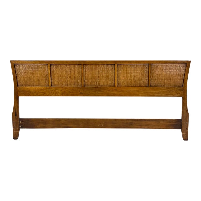 King Size Mid-Century Modern Headboard - Walnut and Cane For Sale