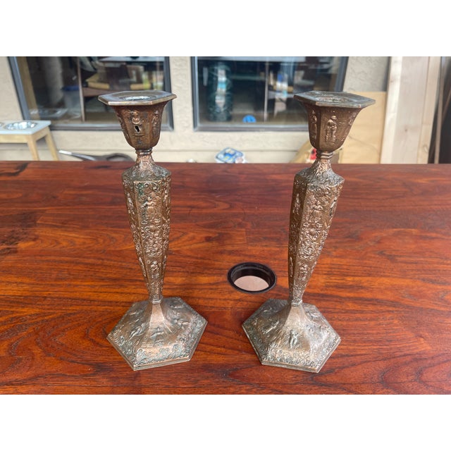 Here are an Antique (2) Pair of Candlesticks with Fine Dutch Finish Village Scenes made around 1910 by Jenning Brothers...