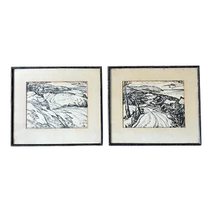 Original Early Mid Century Landscape Ink Drawings by Listed Artist Hesill Boultbee - Signed