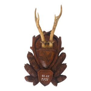 Antique Black Forest Deer Antlers Trophy Mounted Handcarved Board