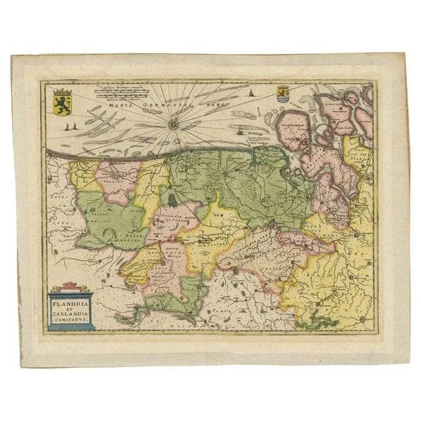 Antique map titled 'Flandria et Zeelandia Comitatus'. Original antique map of Flanders, Belgium, and part of Zeeland, the...