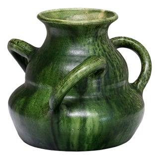 Belgian Art Nouveau Sculptural Green Glazed Tri-Handled Vase, 1910s For Sale