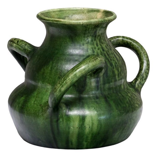 Belgian Art Nouveau Sculptural Green Glazed Tri-Handled Vase, 1910s For Sale