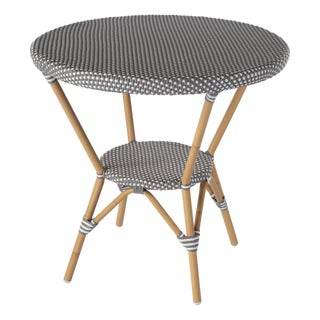 Tobias 30 in. W Outdoor Round Rattan and Metal Bistro Table, Gray/White Dot / Natural Rattan Frame For Sale