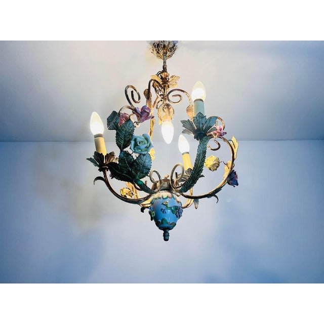 Brass and Ceramic Florentine Flower Shape Chandelier, Germany, 1970s For Sale - Image 12 of 13