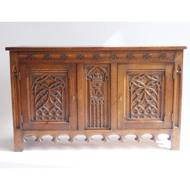 Antique 19th Century Gothic Wooden Credenza with Doors and Lock For Sale - Image 3 of 10