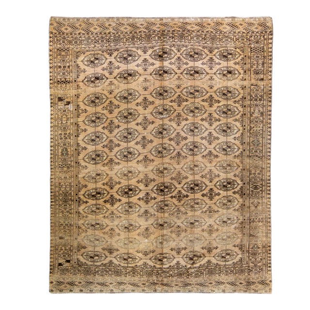 Antique Turkmen Handmade Geometric Pattern Beige Wool Rug For Sale