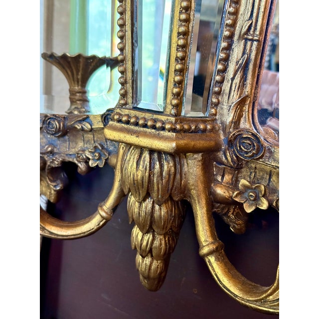 Gold Vintage Rococo Style Gilt Triptych Girandole Mirror With Candle Sconces For Sale - Image 8 of 12