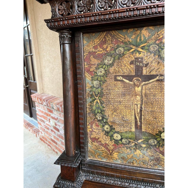 Antique French Gothic Devotional Cabinet Religious Painting Carved Oak Kneeler For Sale - Image 4 of 18