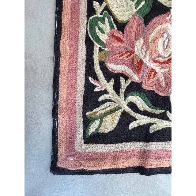 Boho Chic Hand Knotted Area Rug With Soft Pink & Green Flowers Against Black For Sale - Image 3 of 13