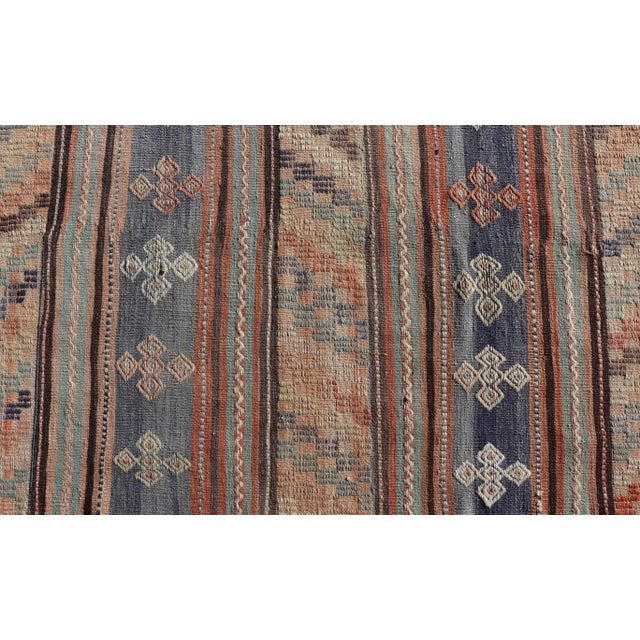 Orange Mid 20th Century Colorful Vintage Embroidered Kilim Runner With Stripe's and Geometric Motifs For Sale - Image 8 of 11