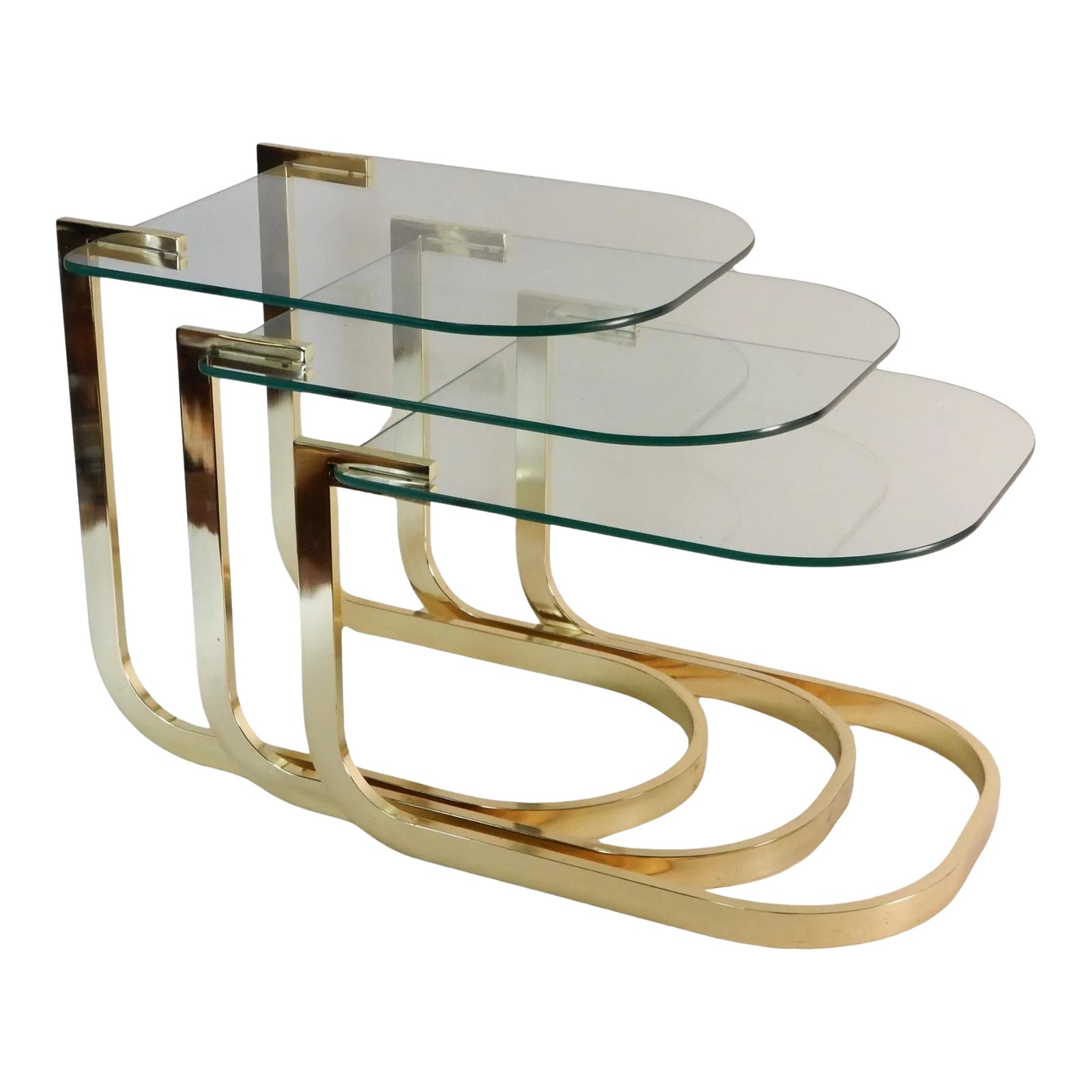Sculptural Brass Nesting Table Set with Cantilever Glass Tops - Set of ...