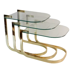 Sculptural Brass Nesting Table Set with Cantilever Glass Tops - Set of 3