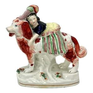 Rare Antique English Staffordshire Pottery Woman Riding St Bernard Dog Figure - Circa Mid 19th Century
