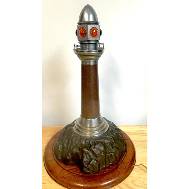 Early 20th Century French Art Deco Bronze, Steel, Crystal and Wood Model of a Lighthouse Lamp For Sale - Image 11 of 12