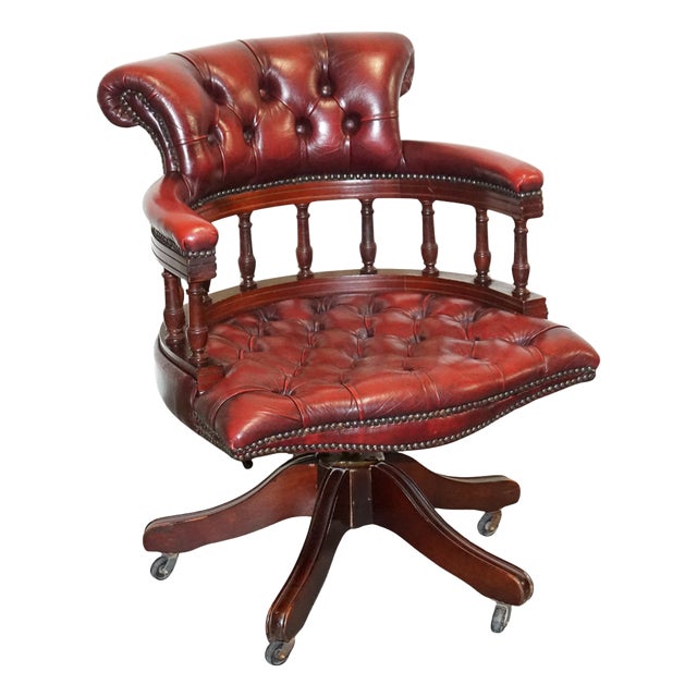 Burgundy Chesterfield Leather Captains Swivel Desk Chair, 1950s For Sale