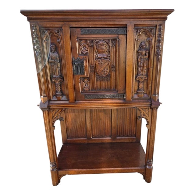 Antique Karpen Furniture French Gothic Cabinet Oak Vestry Altar Wine Bar Hutch For Sale