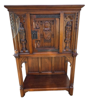 Antique Karpen Furniture French Gothic Cabinet Oak Vestry Altar Wine Bar Hutch