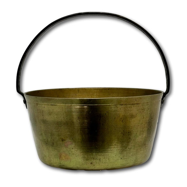 American Antique 12 Inch Heavy Brass & Hand Wrought Iron Fireplace Hearth Hanging Cooking Pot Mid 19th Century For Sale - Image 3 of 18