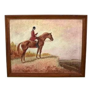Late 20th Century "Fox-Hunter in a Landscape" Oil on Canvas Painting by Paul Brown, Framed