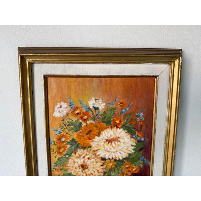 1980s Vintage J. Romero Floral Still Life Oil on Artist Board Painting, Gold Wood Framed For Sale - Image 12 of 13