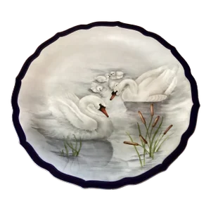 Late 20th Century Antique Magnificence Scenic Porcelain Plater “Swans Family“ by Brenaman