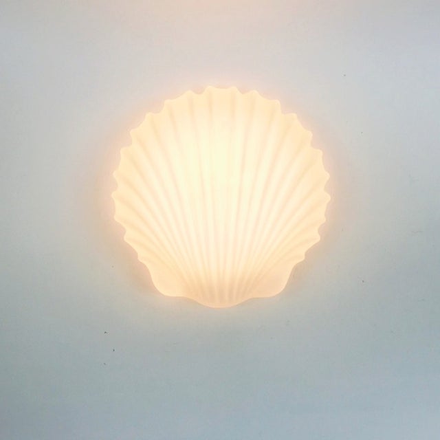 Metal 1 of 3 Large Minimalist Opaline Glass Shell-Shaped Wall Lights From Limburg, Germany, 1970s For Sale - Image 7 of 10