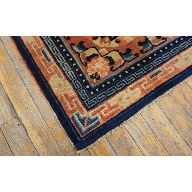 Wonderful Brick Red Background With Special Blue and Beige Color Geometric Desing Antique Chinese Ningxia Rug For Sale - Image 9 of 10